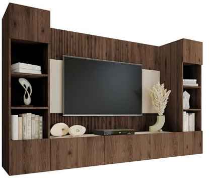 Mirjan24 Wohnwand Deromi (Eiche Okapi + Travertin, 2X Hängeregal) | Hängewohnwand mit TV-Lowboard, 2 Hängeregalen, dekorativem TV-Paneel, Push-to-open-System und Gasdruckfedern