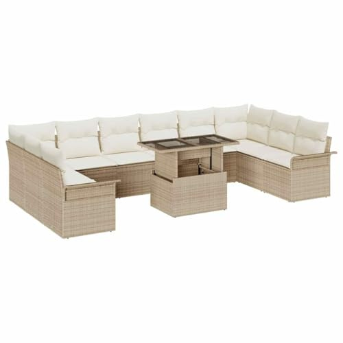 HETFTJN 11-TLG. Garten-Sofa-Set Beige Poly-Rattan Modernes Modular Lounge Set mit Höhenverstellbarem Tisch 1100 kg belastbar für Balkon Terrasse und Garten