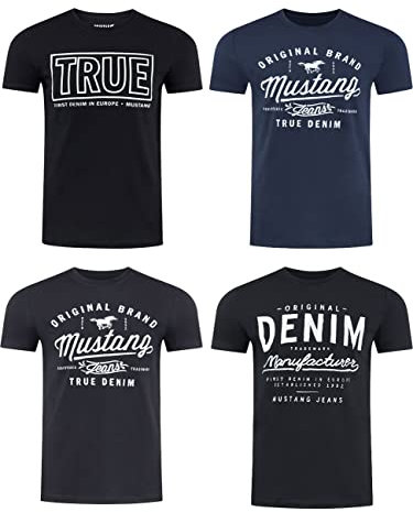 MUSTANG Tshirt Herren Baumwolle Regular Fit 4er Pack Set Rundhals Kurzarm Sommer Tee Shirt Logoprint, Größe:S, Farbe:Farbmix (P5)