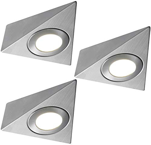 3 Pack | *240V Mains* LED Triangle Under Cabinet Kitchen Spotlights | Brushed Nickel & Warm White | Surface Mounted Light Fittings | Cupboard Worktop Counter Unit Lighting Kit | Loops
