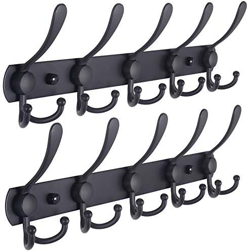 Dseap Garderobenleiste - Schwerlast Garderobenhaken Mit 5 Dreifachhaken, Edelstahl Wandgarderobe, Kleiderhaken Wand, Hakenleiste Garderobe für Mantel Hut Handtuch Handtasche, Schwarz, 2 Stück
