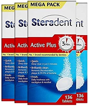 Steradent Active Plus Denture Cleaner, 544 Tablets, Plaque Remover For White Teeth, Mint Fresh, Kills 99.9% Bacteria, Care Cleansers, 136 Count, Pack Of 4