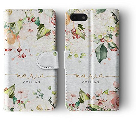 Tirita Personalised Wallet Phone Case for iPhone XR With Card Holder – Leather Flip Case or Cover With Custom Name – Cute Personalised Gift for Women [15. Floral White Flowers English Roses]