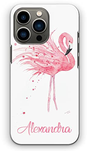 Personalised Initials Phone Case For Apple iPhones, 16, 15, 14,13, 12, 11, Pro Max, Mini, XR, SE Watercolour Art Print, Pink Flamingo with Custom Pink Name/Text on Hard Phone Cover