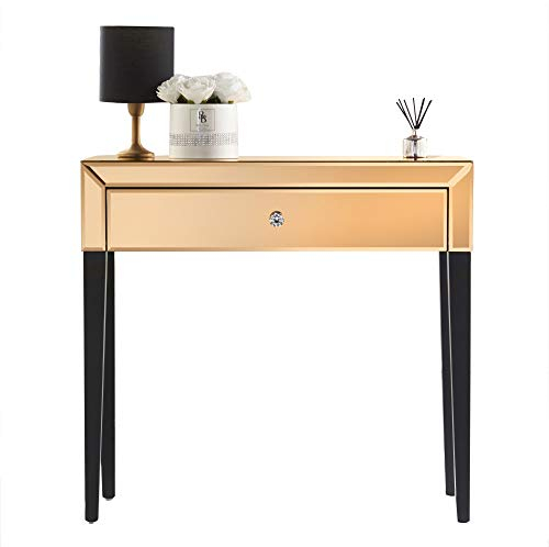 CARME Laguna Mirrored Dressing Table with 1 Drawer Crystal Handle Modern Style Glass Design Makeup Vanity Table Cosmetic Jewellery Storage Organiser Bedroom Furniture (Laguna Rose Gold)