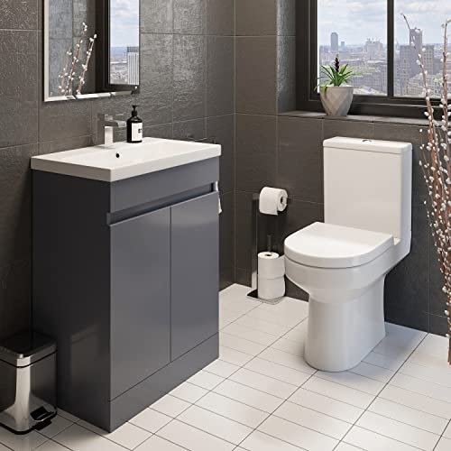 Affine Bathroom Vanity Unit Basin & Close Coupled Toilet Cloakroom Suite Bathroom Furniture Set Ceramic Sink 1 Tap Hole Soft Close Toilet Seat Grey Gloss