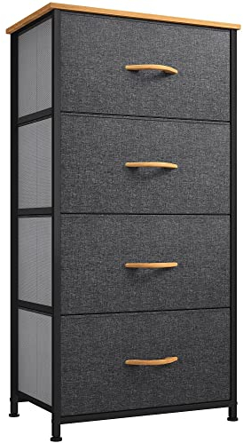 YITAHOME kommode Schmal, Schrank mit 4 Schubladen aus Stoff, Aufbewahrungskommode Industrial Stil für Schlafzimmer, Wohnzimmer,Flur, Dunkelgrau Aufbewahrungsschrank