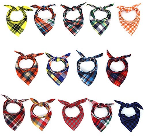 SLSON 14 Pack Dog Bandanas, Plaid Dog Scarf Washable Triangle Pet Bibs Kerchief for Puppy Small and Medium Dog Cat Pets