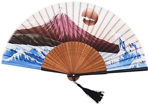 1SourceTek Rising Sun Landscape 8.27(21cm) Folding Hand Held Fan - with a Fabric Sleeve Protection For Gifts - Japanese Vintage Retro Style