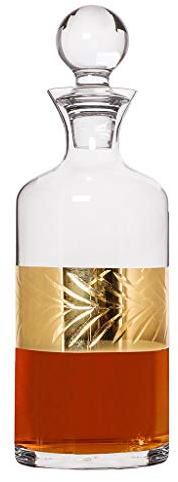 Whisky Decanter 1.5L Gold Band Embossed Glass Scotch Bourbon Malt Carafe Jug Wedding Anniversary Glassware Gift (Gold Palm Leaf)
