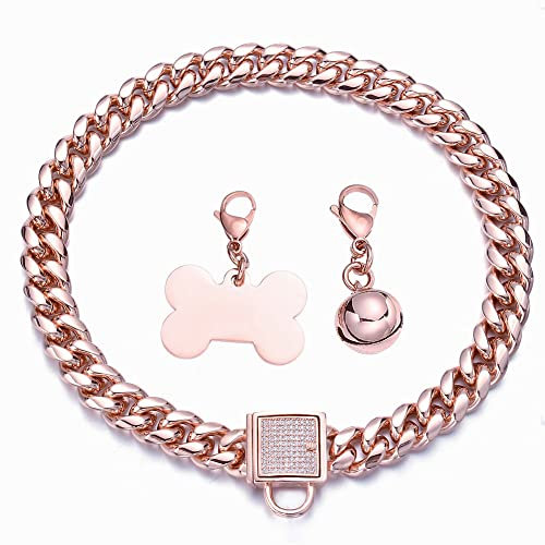 RUMYPET Rose Gold Chain Dog Collar 10MM/14MM Cuban Link Dog Collar Chew Proof Stainless Steel Chain Collar for Small Medium Large Dogs 10-26Inch(14mm,12inch)