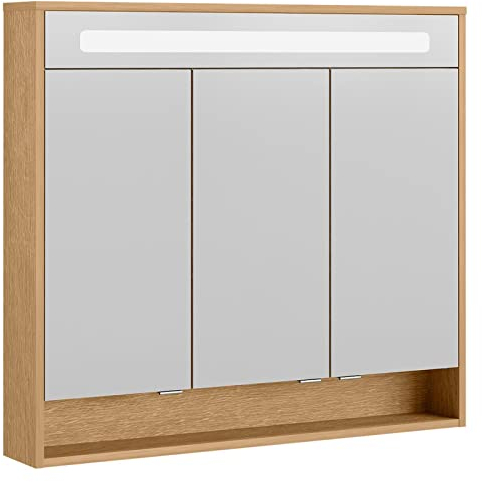 FACKELMANN LED Spiegelschrank Natura/Badschrank mit Soft-Close-System/Maße (B x H x T): ca. 93,5 x 84 x 15,5 cm/hochwertiger Schrank mit Spiegel und Beleuchtung fürs Badezimmer/Korpus: Braun