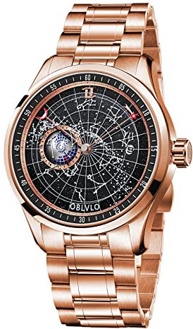 OBLVLO Luxusmarke Edelstahl Automatische Mechanische Uhr für Herren Leuchtende Erdsternuhr Wasserdicht GC-SW (GC-SW-PBPS)
