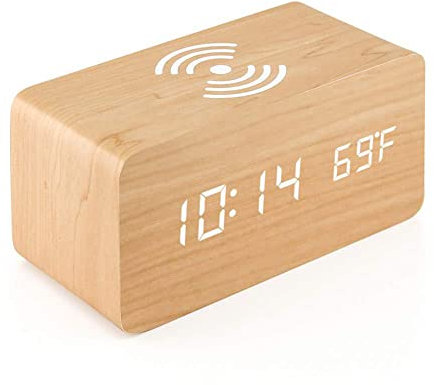 Digitaler Wecker aus Holz mit kabellosem Laden, LED-Uhr mit 3 Alarmeinstellungen, Temperaturanzeige, einstellbare Helligkeit für Schlafzimmer, Schreibtisch, Kinder