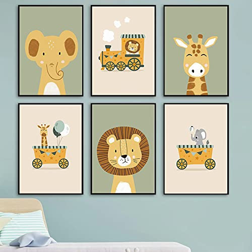 6 Bild Tiere Nordic Poster Elefant Giraffe Löwe Poster Zug Kinder Leinwand Baby Deko Schlafzimmer Wandbild Junge Geschenk 21x30cm ohne Rahmen
