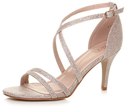 AJVANI Womens ladies mid high heel strappy crossover party wedding prom sandals shoes size