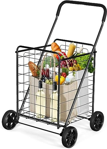 GYMAX Zusammenklappbarer Einkaufswagen 83L, strapazierfähiger Mehrzweckwagen mit Griff & großen Rädern, vielseitiger Rollwagen mit Metallkorb für Lager, Supermarkt & Wäscherei (Schwarz)