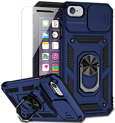 for iPhone SE (3rd and 2nd gen) 2022 and iPhone 8/7/6 Case with Camera Lens Cover HD Screen Protector, Military Grade Drop Protection Magnetic Ring Holder Kickstand Protective Phone Case (Navy Blue)