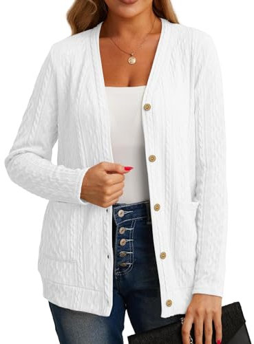 GRECERELLE Strickjacke Damen Cardigan Damen Elegant Gedrehte Strickjacke für den Herbst mit Knöpfen, V-Ausschnitt und praktischen Taschen, Dünne und Stilvoll (Weiß, L)