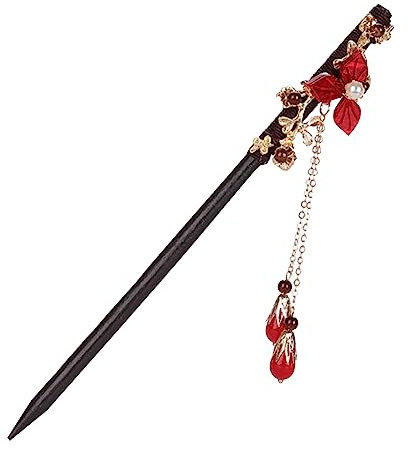 ccHuDE Lot de 2 baguettes à cheveux en bois avec fleur chinoise - Épingles à cheveux vintage - Accessoires à cheveux rétro avec pompon pour femmes et filles