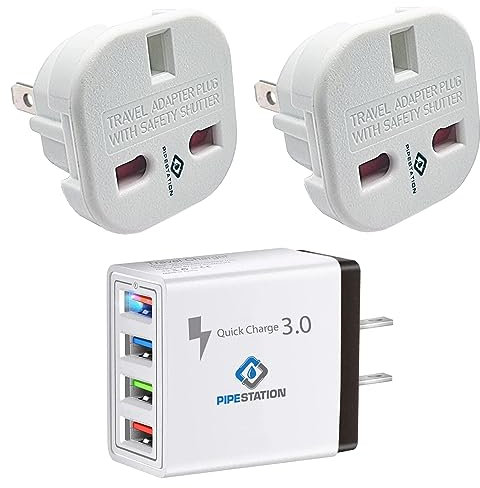 Pipestation USA USB Travel Adapter Charger Plug & 2x USA to UK Travel Adaptors | 2 Pin America Adaptor with 4 USB Ports | UK 3 pin to American 2 Flat Pin | Converter for America Canada China Japan