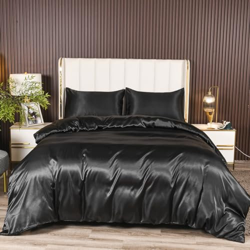 Teamllong TT Global Housse de Couette Satin 200x200 Noir avec 2 Taies d'oreiller 65x65 cm Style Modern Unie Parure de Lit Adulte 2 Personnes Linge de Lit Satin de Soie Brillante avec Fermeture Éclair