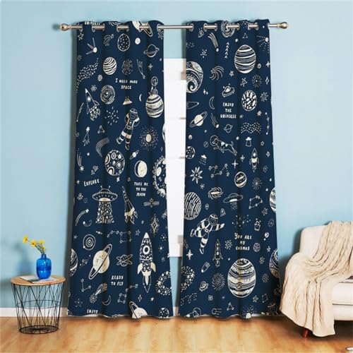 Koudi Weltraum Vorhänge Blickdicht Weltall Astronat Sternenhimmel Universum Muster Gardinen mit Ösen für Kinderzimmer, Babyzimmer Dekoration 210 x 132cm (H × B)