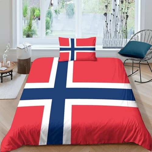 AAHARYA Flag of Norway 3 Pieces Duvet Cover Set 3D National Flag Printed Bedding Quilt Duvet Cover with Zipper Closure for Kids Teenagers Adult, Ultra Soft Microfiber Bedding Single(135x200cm)