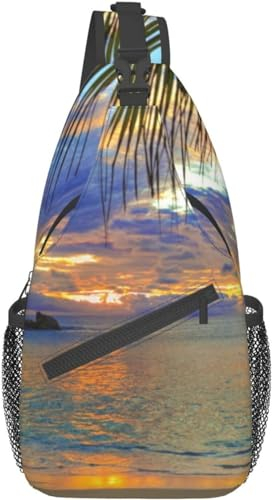 KWQDOZF Sling-Rucksack Umhängetasche Brusttasche Sonnenuntergang am Strand bedruckte Sling-Tasche für Reisen Sport