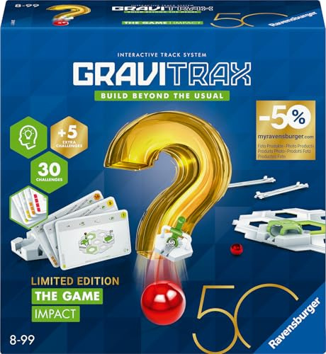 Ravensburger 23917 - GraviTrax The Game Impact - Sonderausgabe 50 Jahre blaues Dreieck - Logikspiel für Kugelbahn Fans, Konstruktionsspielzeug für Kinder ab 8 Jahren