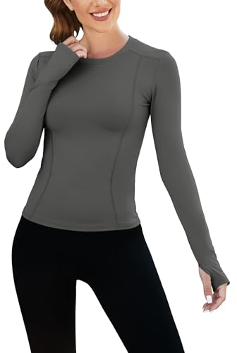 IECCP Langarm Sportshirt Gym Oberteil Schnell Trocknende Atmungsaktive Fitness Shirts Kompressionsoberteile für Yoga,Enge Sportbekleidung Grau S