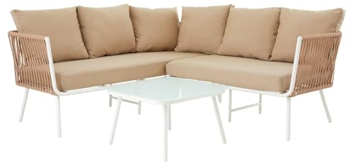 Gartenlounge JAKARTA, weiß/beige - Outdoor Ecksofa mit Dreisitzer, Zweisitzer und Beistelltisch, robustes Metallgestell, wasserabweisende Kissen, für Terrasse und Balkon, L-förmige Sitzlandschaft