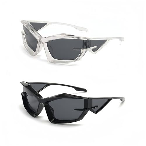 ANNIUP Zwei Paar Technologie Sonnenbrillen Mode Sonnenbrille Radfahren Brille futuristische Sonnenbrille Sportbrille Silber + Schwarz Unisex