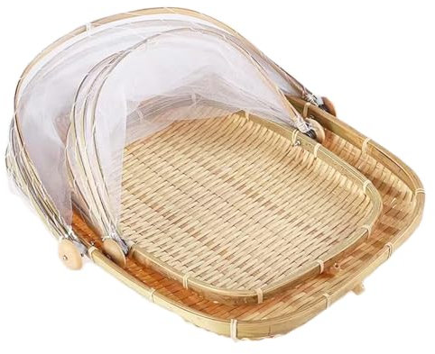Corbeille à fruits en bambou avec protection anti-mouches - Plateau de service alimentaire - Couvercle de panier à pain - Panier de pique-nique en rotin tressé pour collations (2pcs)