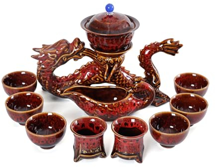 fanquare Set da Tè Semiautomatico Tazza da Tè Teiera Cinese Loong Kungfu Rossa 11 Pezzi Servizio da Tè Tradizionale in Porcellana per Adulti Regali