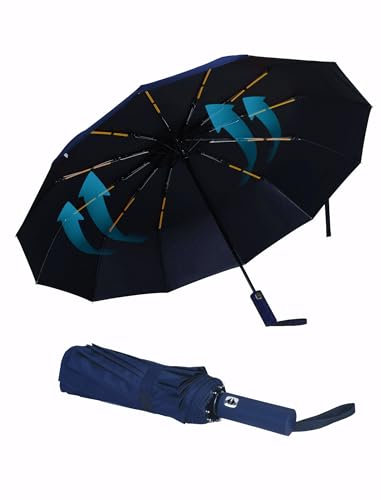 Giyaluzw Regenschirm Sturmfest Taschenschirm Automatik mit 12 Doppelrippen Umbrella Windproof Faltschirm Doppler Regenschirm Schwarz für Damen und Herren (Marineblau)