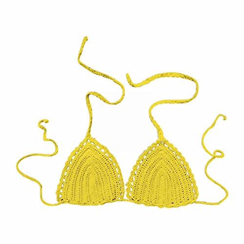 Costume da Bagno Estivo da Donna in Tinta Unita a Mano all'Uncinetto Reggiseno Adesivo Invisibi𝐥e Coppe up Adesive (Yellow, M)