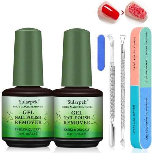 Sularpek 2 Pezzi Rimovitore Smalto Semipermanente Veloce 15 ml, Solvente Gel Polish con Spingi Cuticole e Lima per Unghie, Kit Professionale per Rimozione Effetto Semi-Permanente Rapido e Sicuro.