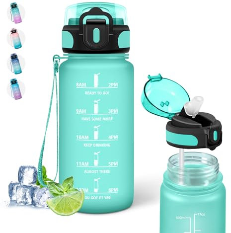 Botella Agua - 500ml - Botella Agua Niños, Botella Reutilizable con Pajita, Botella de Agua Deportiva, Botella de Agua con Marca de Tiempo, Cantimplora para la Escuela, Acampar, Deportes, Azul-Verde