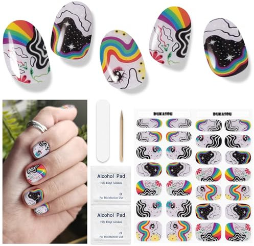 Semi Cured Gel Nail Strips, 28 pcs Gel Nail Strips Work with Any UV Lamp, Long Lasting Gel Nail Stickers Full Nail Wraps, Salon Quality, Easy to Apply(Graffiti Rainbow)