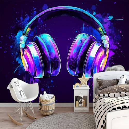 Fototapete 3D EFFEKT Leuchtende Neon-Kopfhörer Technologie Kopfhörer 450 x 315 cm - für Wohnzimmer Spielzimmer Flur Modern Vlies Tapete Vliestapete Wandtapete Motivtapeten UV-Beständig