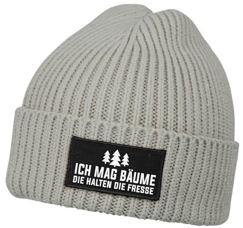 MoonWorks® Herren Beanie mit Patch Strickmütze mit Spruch Ich mag Bäume -die halten die Fresse Aufdruck Lustig Mütze Männer Grau Unisize