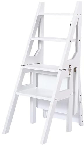 QPQPQ Échelle de bibliothèque Pliante en Bois Massif, Tabouret à 4 marches, escabeaux à Double Usage Chaise escabeau Portable légère, capacité de 180 LB,Blanc