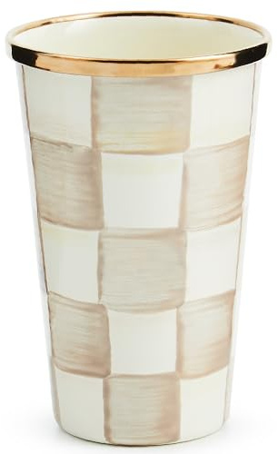 MACKENZIE-CHILDS Enamel Tumbler, Open Tumbler Cup, Cute Enamel Cup, 10 Ounces, Brown-and-White Mocha Check
