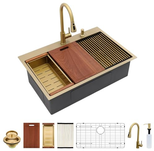 Sarlai 33 Gold Küchenspüle mit Wasserhahn, 83 x 55 cm, Küchenspüle, goldfarbene Leiste, Arbeitsplatzspüle, 16 Gauge, Edelstahl, Einzelbecken, Topmount Spülen mit ausziehbarem Wasserhahn