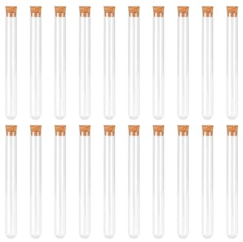 Kzouenzu Probetas Plastico [20 Pack], Tubos De Ensayo Plastico Transparente 16 * 150mm, Tubo Ensayo Con Tapones De Corcho, Tubos De Ensayo De Plástico Para Regalos Y Mesa De Laboratorio