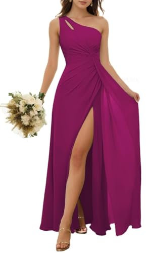 Vestido de dama de honor de princesa con un hombro descubierto, vestido de gasa formal, vestido de fiesta de noche, ZM154, fucsia, 38