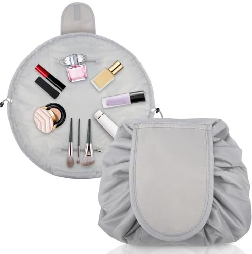 Sahunfri Lazy Make-up-Tasche mit Kordelzug für Damen, Flache Kosmetiktasche für Kosmetik, Make-up-Tools, Reisetasche, Organizer, Make-up-Tasche mit Kordelzug (Grau)