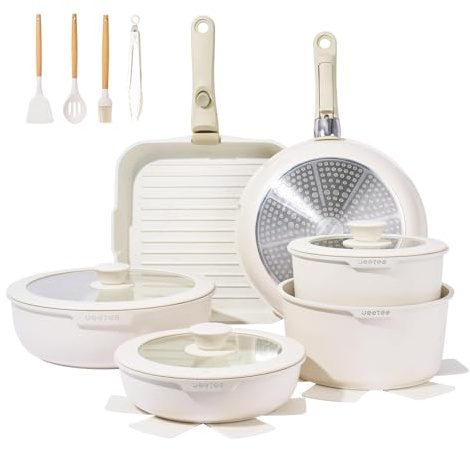 JEETEE Topfset Pfannenset mit abnehmbarem Griffen20/26cm, Kochtopf 18/20cm, Tiefe Bratpfanne 26cm, Grillpfanne 26cm, Stapelbar Topfset Für alle Herdarten, Antihaft, Ofenfest, Beige (beige)