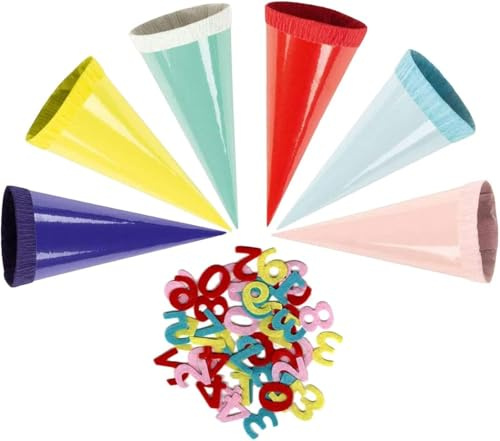 Toppoint 6 Mini Dekoschultüten mit Filzzahlen – 12 cm – 6 sortierte Farben – mit Krepppapier-Verschluss – für Einschulung & Bastelprojekte(6 St. Dekotüten mit Ziefern)
